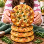 Woman holding a stack of golden mini rosemary focaccias