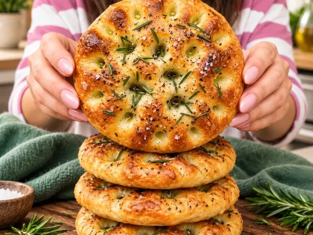 Woman holding a stack of golden mini rosemary focaccias