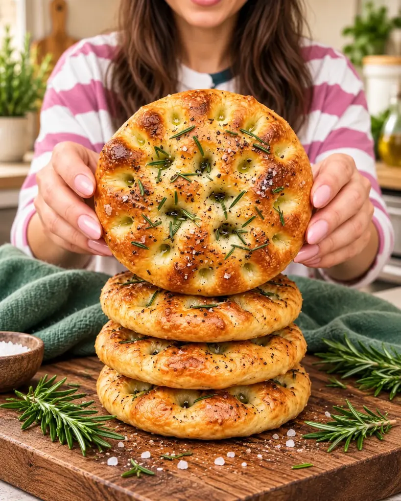 Woman holding a stack of golden mini rosemary focaccias