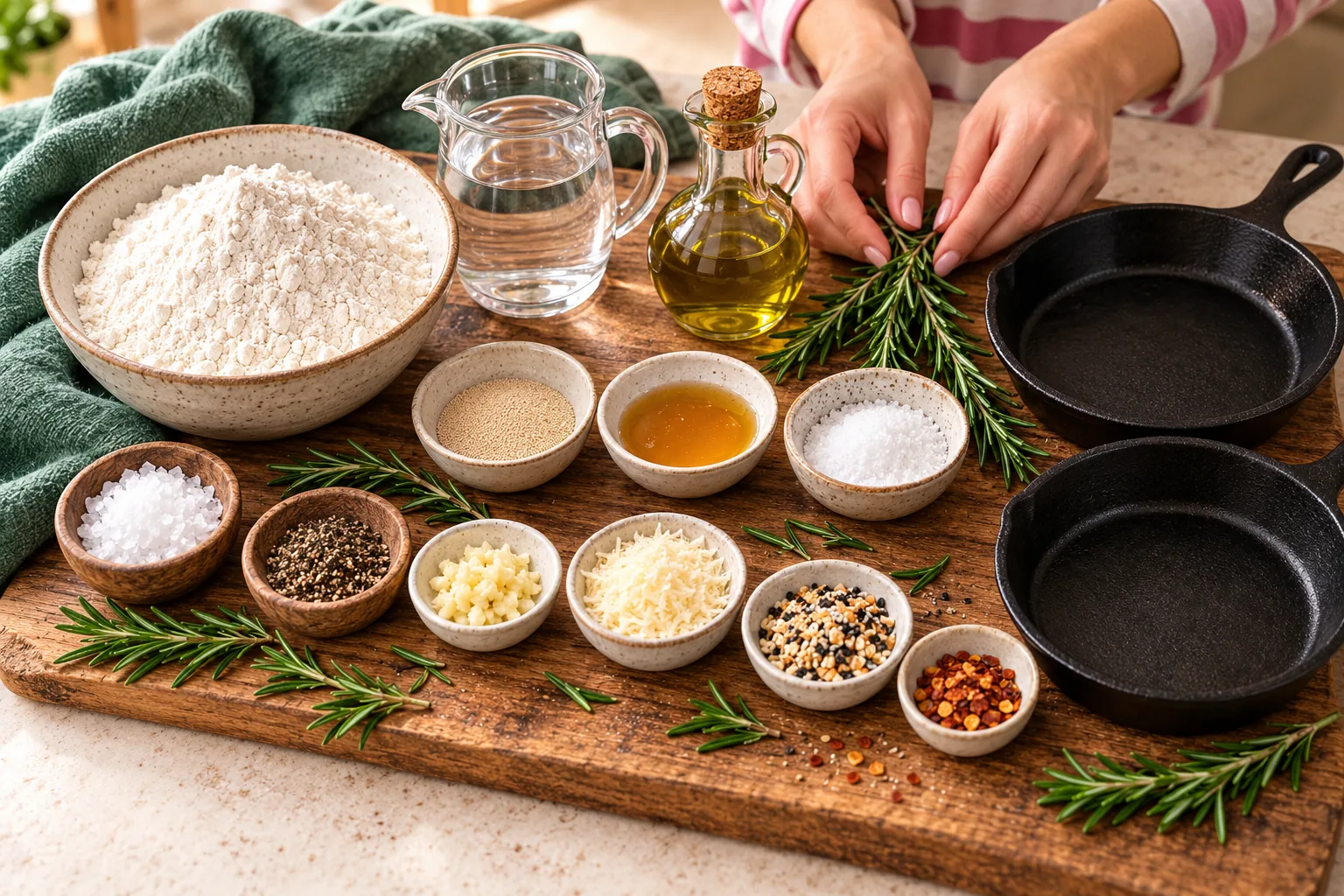 Flour, water, yeast, olive oil, rosemary, salt, and optional focaccia toppings beside small skillets