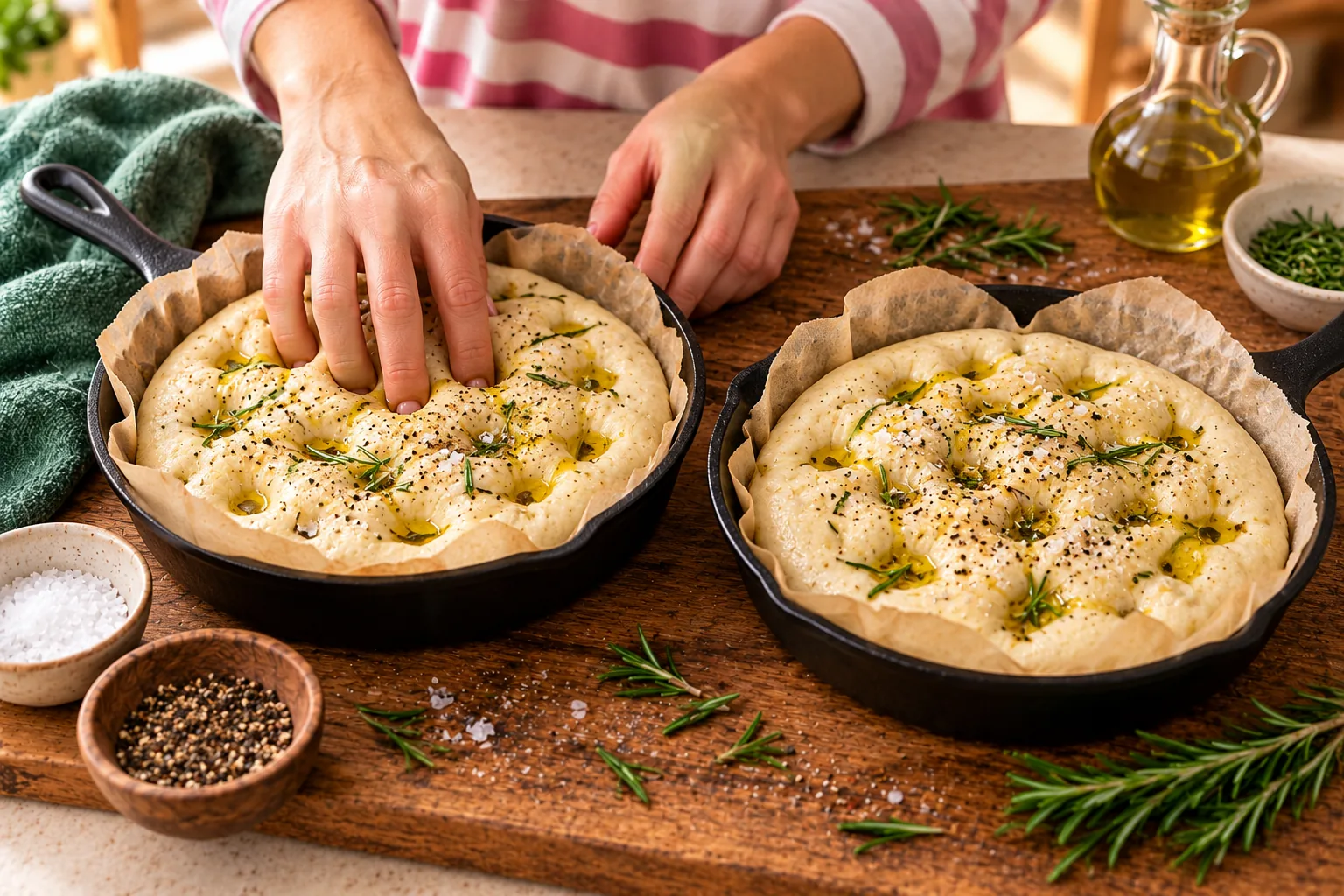 Woman's hands dimpling rosemary focaccia dough in two small skillets