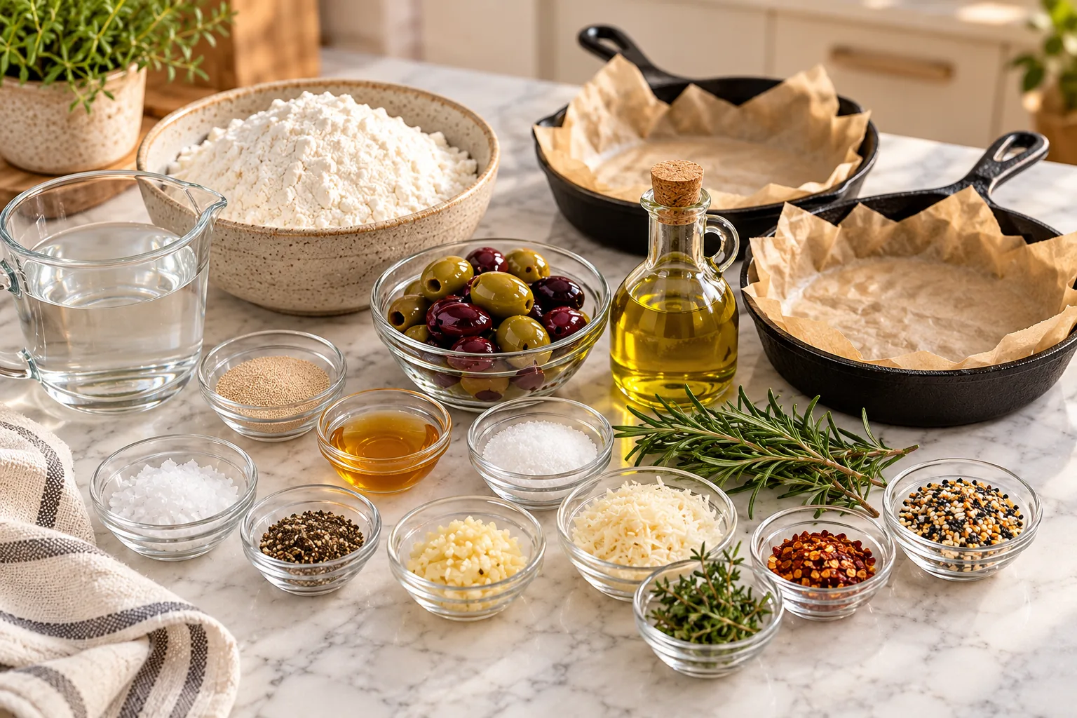 Ingredients for mini olive focaccia on a marble countertop