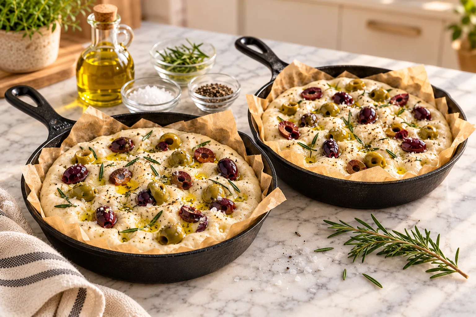 Unbaked olive and rosemary focaccia dough in two skillets