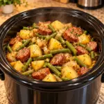 Slow cooker with sausage, green beans, and gold potatoes