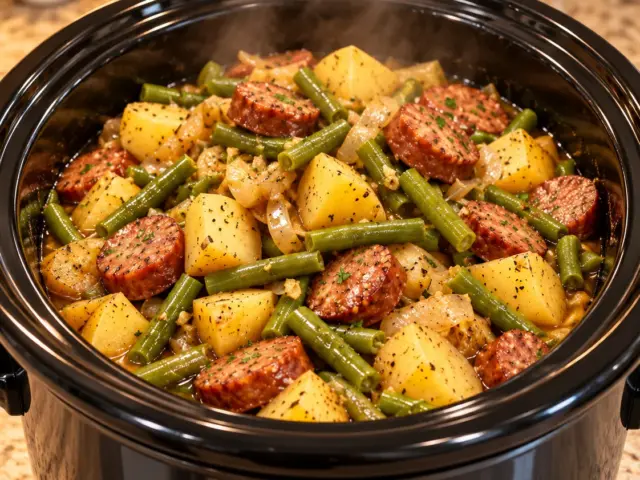 Slow cooker with sausage, green beans, and gold potatoes