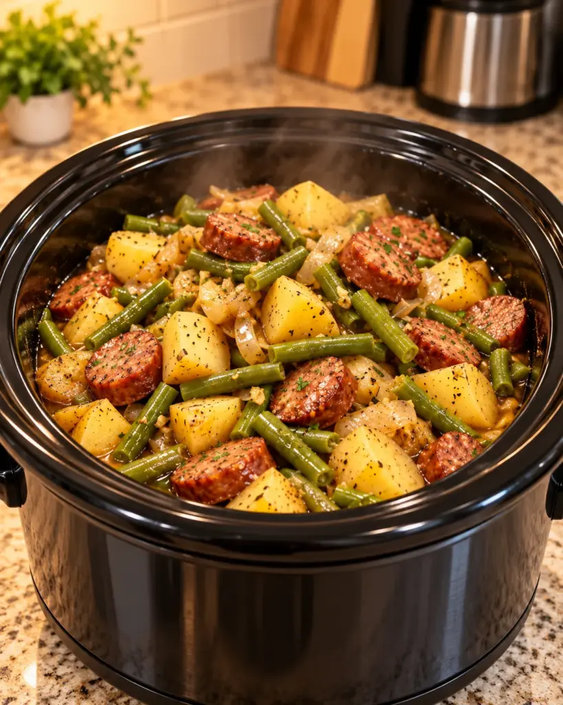 Slow cooker with sausage, green beans, and gold potatoes