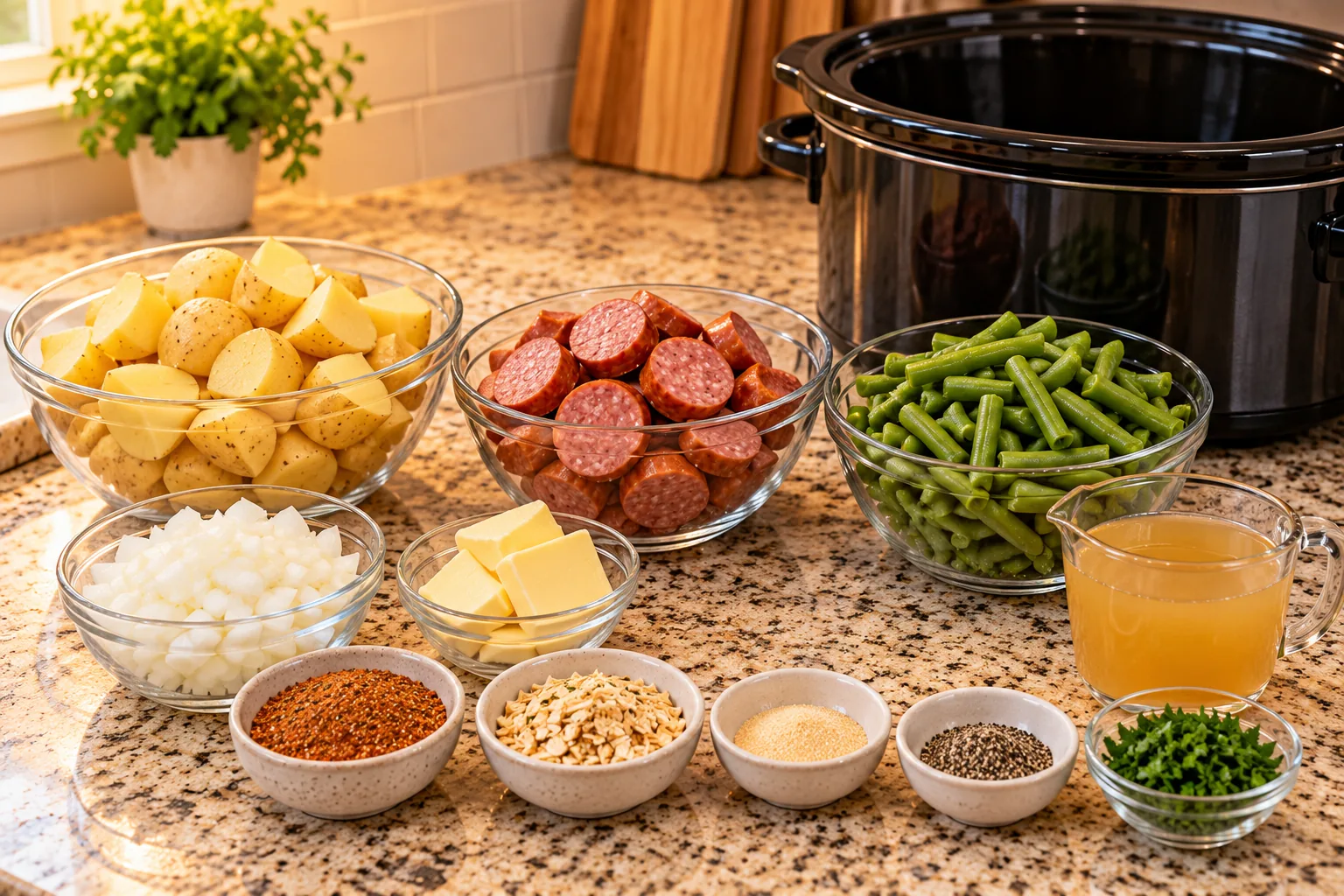 Ingredients for slow cooker sausage, green beans, and potatoes