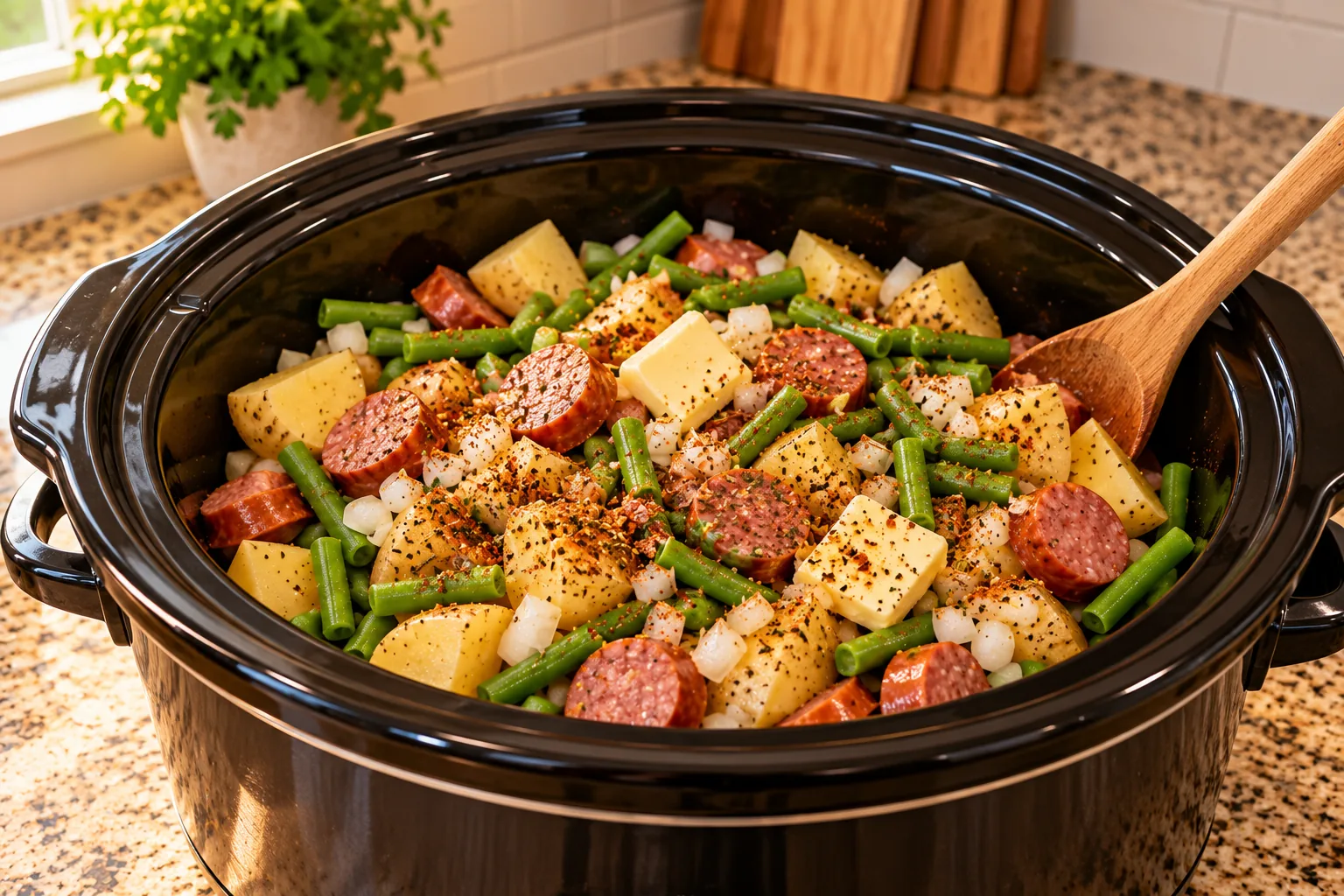 Uncooked sausage, green beans, and potatoes in a slow cooker