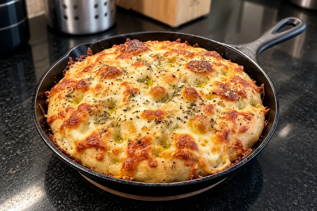 Golden cheesy herb focaccia with rosemary and dimples in a small cast-iron skillet