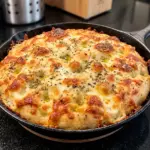 Golden cheesy herb focaccia with rosemary and dimples in a small cast-iron skillet