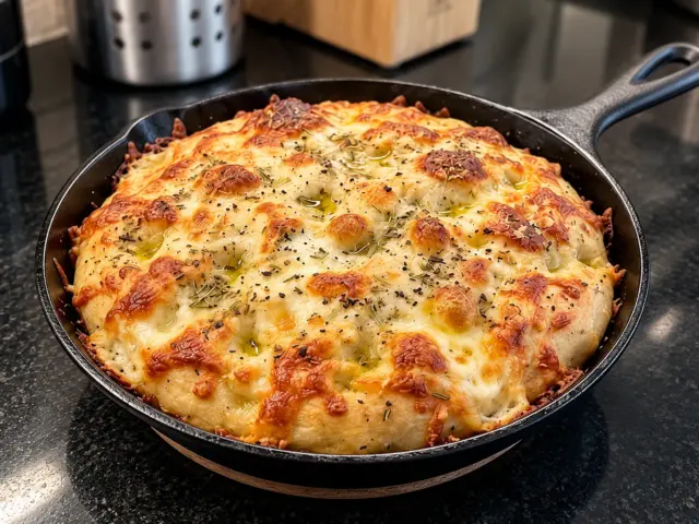 Golden cheesy herb focaccia with rosemary and dimples in a small cast-iron skillet