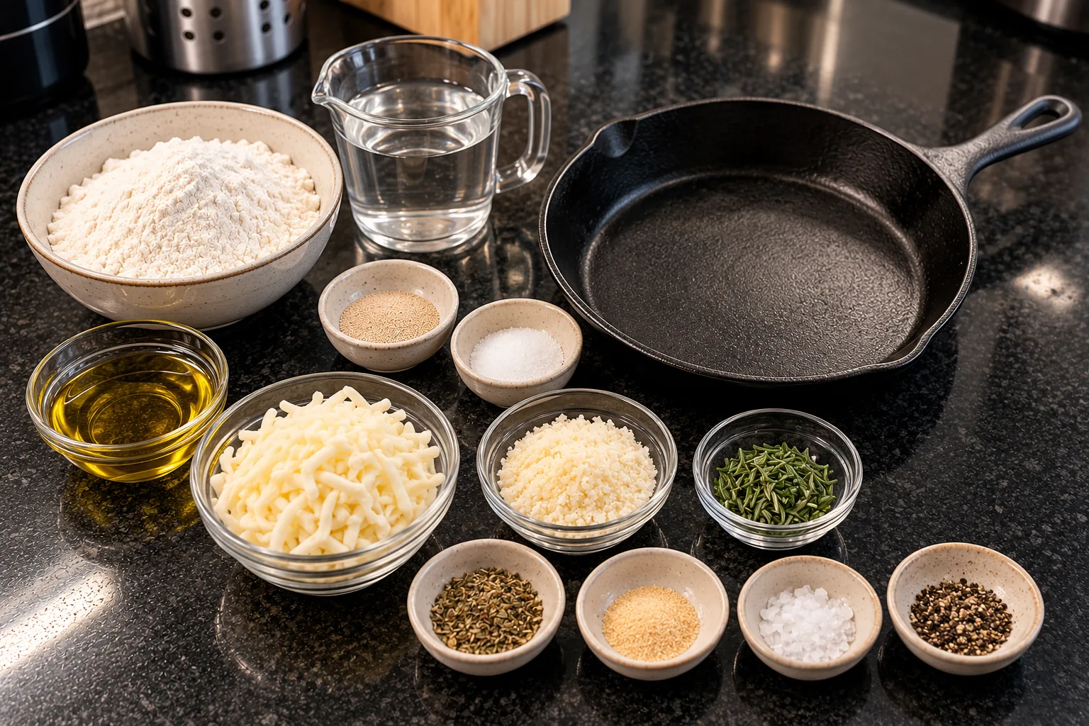 Bread flour, water, yeast, olive oil, mozzarella, Parmesan, rosemary, seasonings, salt, and pepper