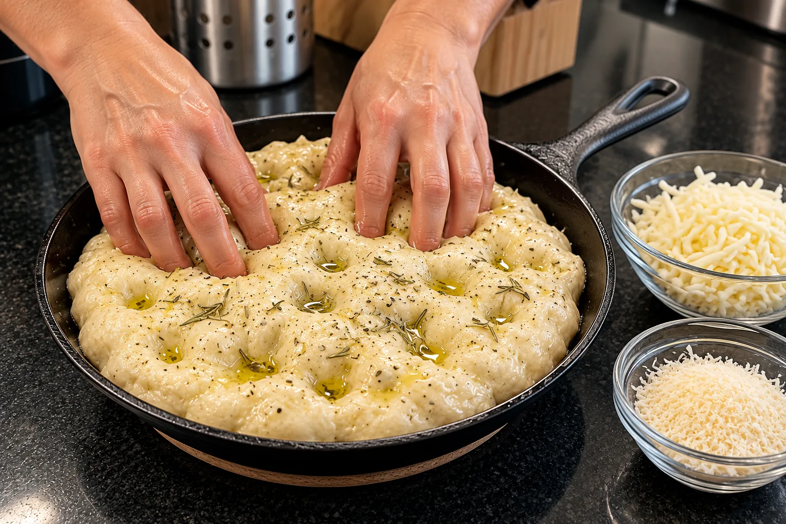 Fingertips dimpling risen focaccia dough in an oiled skillet before adding cheese