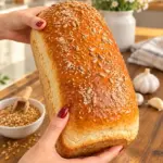 Seeded golden homemade sandwich bread held by hands