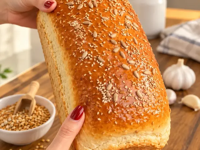 Seeded golden homemade sandwich bread held by hands