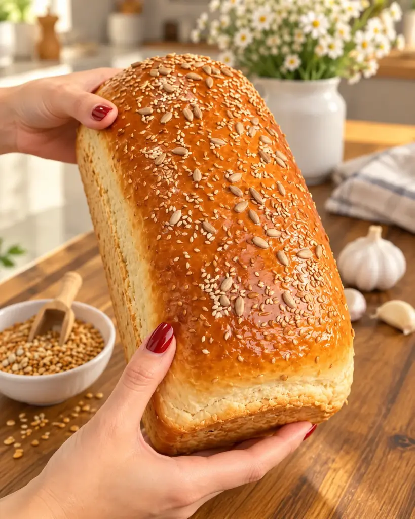 Seeded golden homemade sandwich bread held by hands
