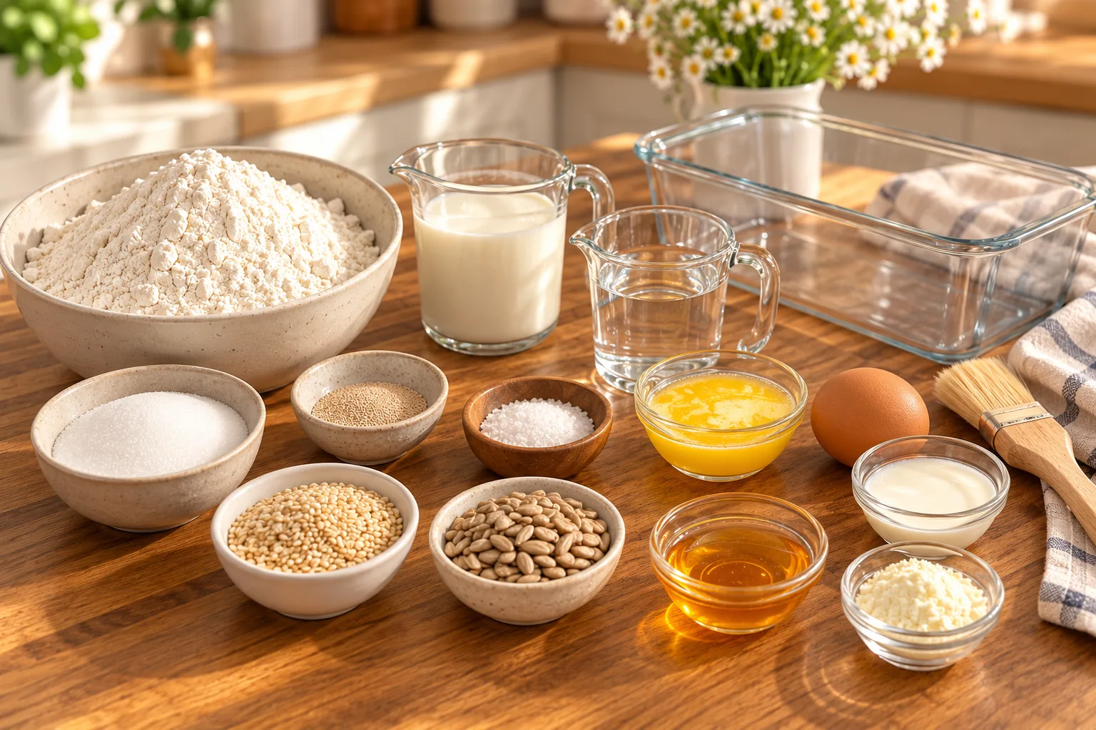 Flour, milk, water, yeast, butter, egg and sandwich-bread seed topping beside a loaf pan