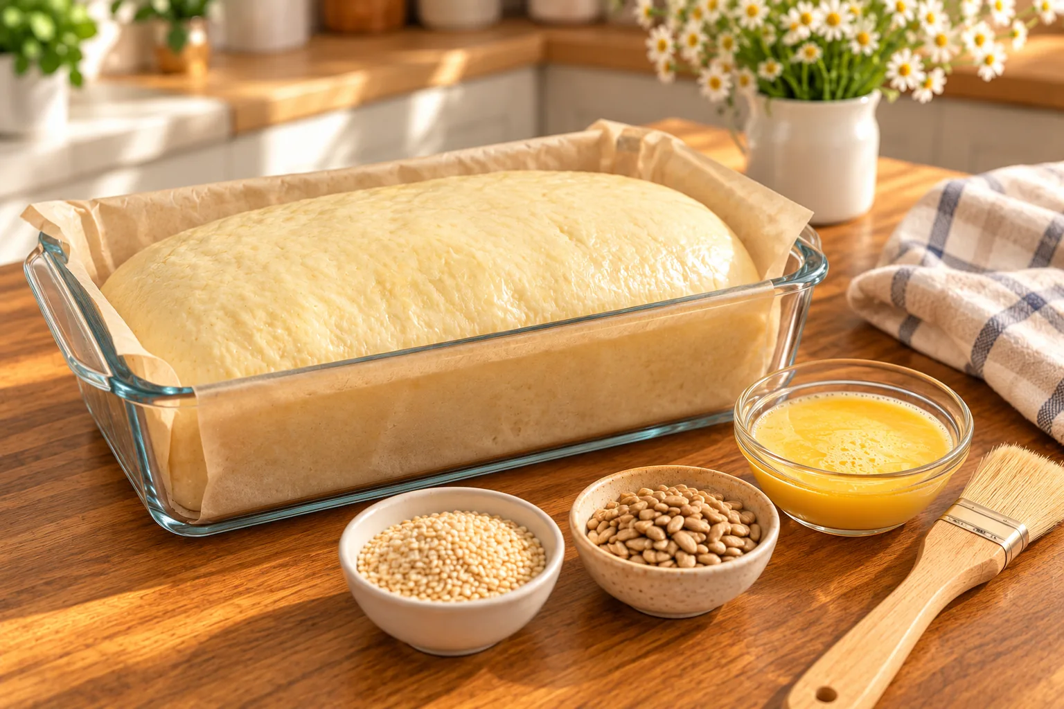 Risen sandwich dough in a loaf pan with egg wash, seeds and pastry brush