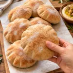 Stack of soft whole-wheat pitas with one held by hand