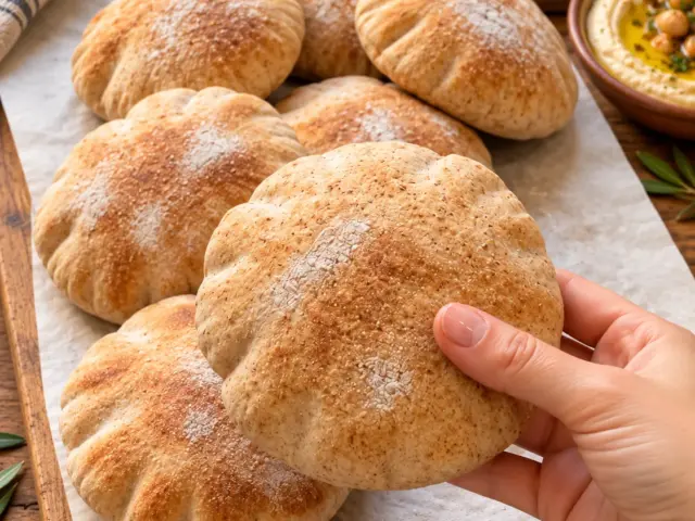 Stack of soft whole-wheat pitas with one held by hand