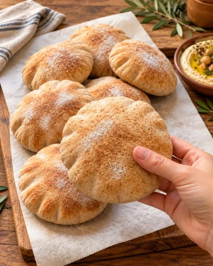 Stack of soft whole-wheat pitas with one held by hand