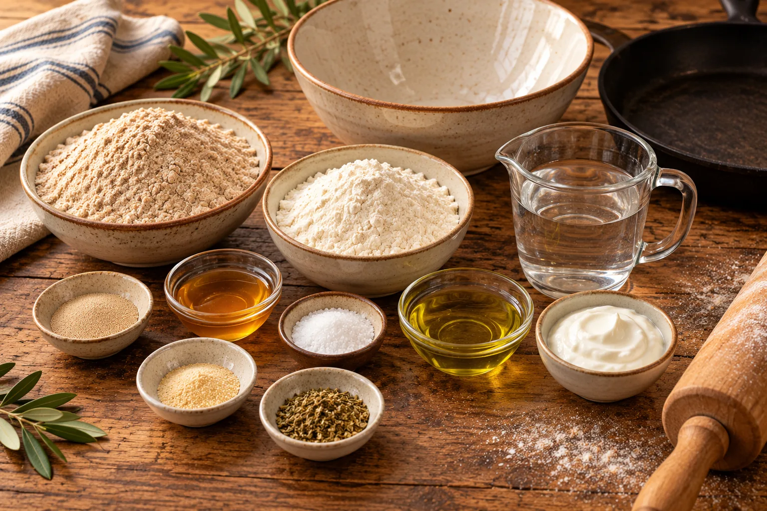 Whole-wheat flour, white flour, yeast, water, olive oil and optional yogurt beside a skillet