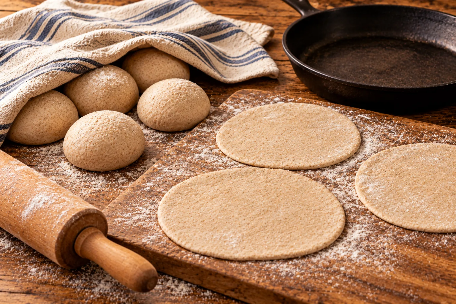Whole-wheat dough balls and rolled pita rounds resting under a striped towel
