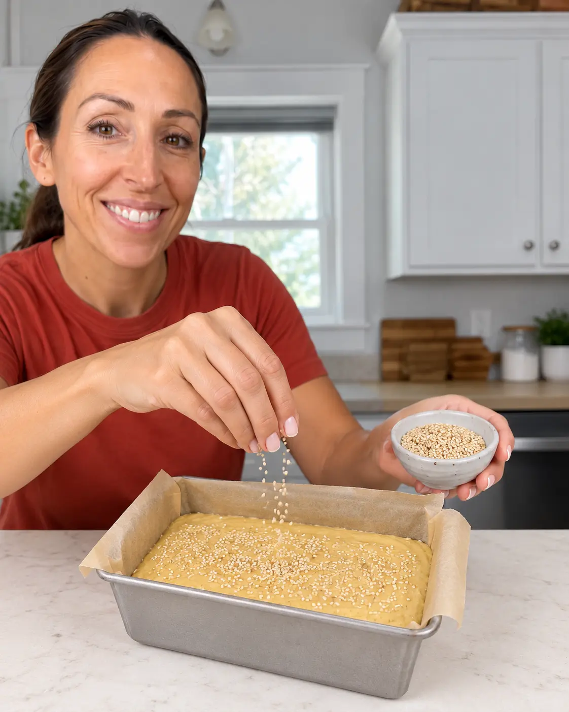 Sesame-topped chickpea flour bread batter in a parchment-lined loaf pan