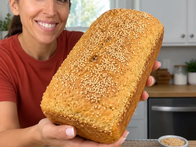 Golden sesame-topped 3-Ingredient Chickpea Flour Bread held in a bright home kitchen