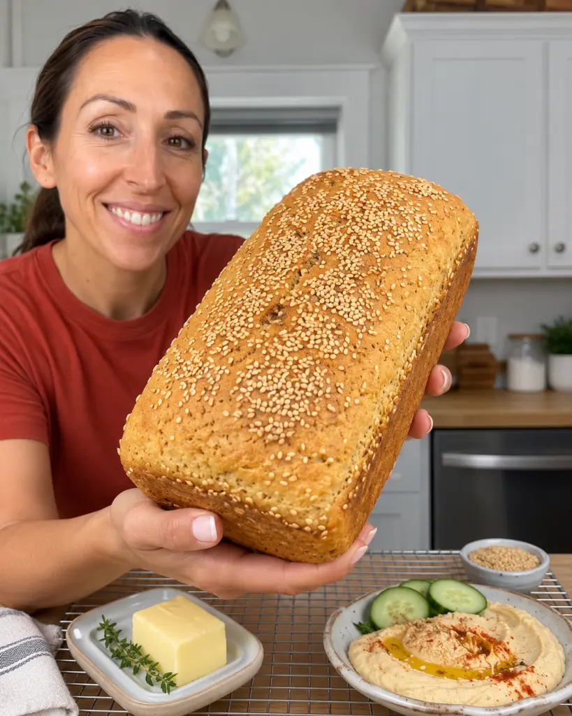 Golden sesame-topped 3-Ingredient Chickpea Flour Bread held in a bright home kitchen