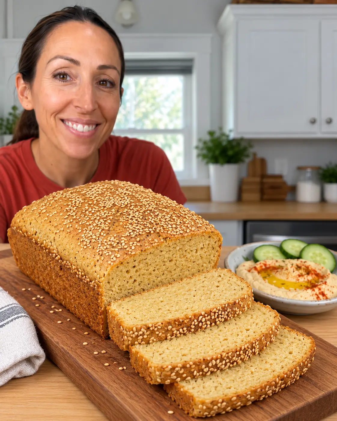 Sliced chickpea flour bread with a fine hearty crumb and sesame crust