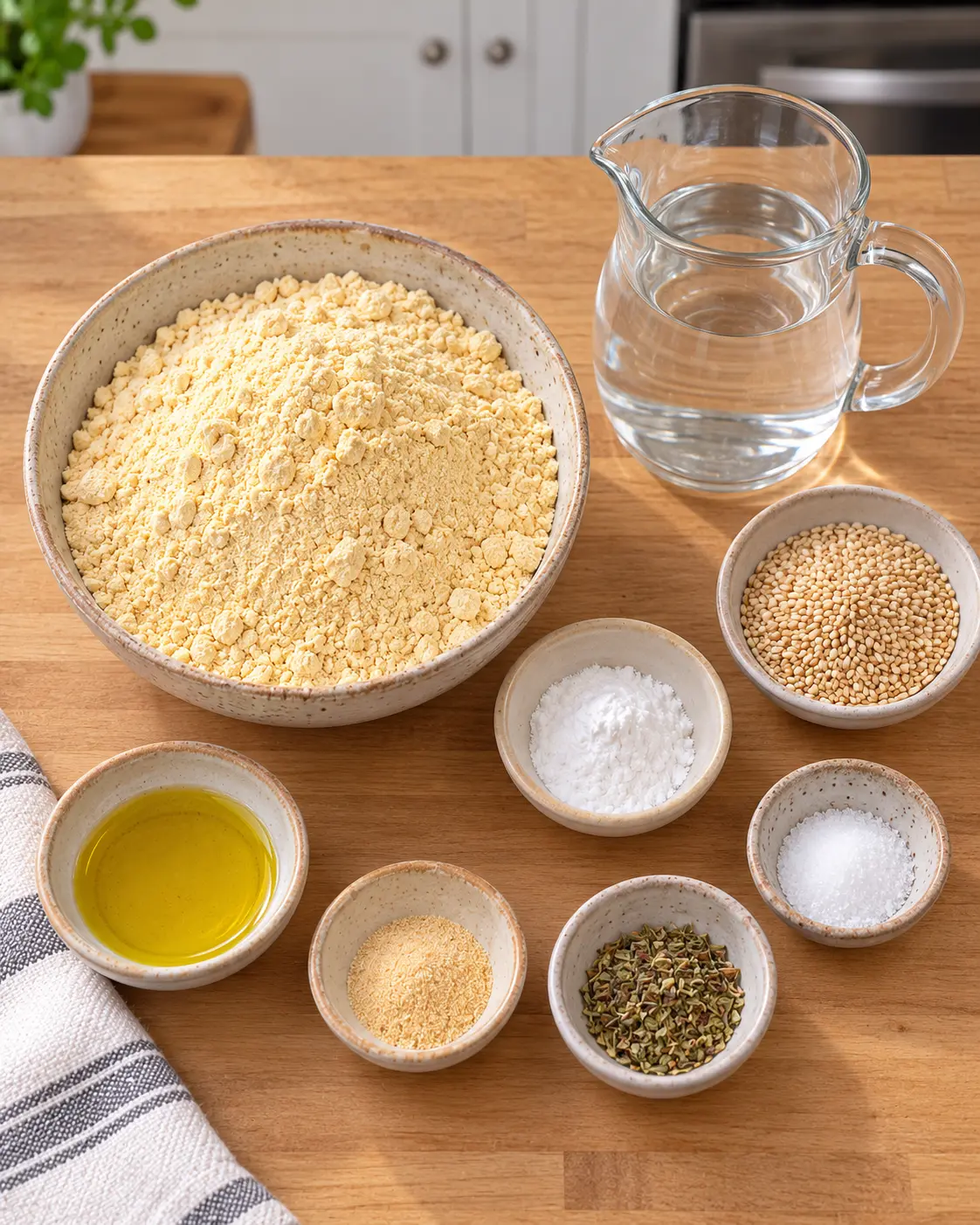 Chickpea flour, water, baking powder, and optional additions for chickpea flour bread