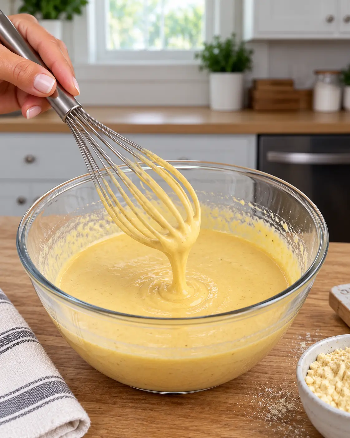 Smooth chickpea flour batter being whisked in a mixing bowl