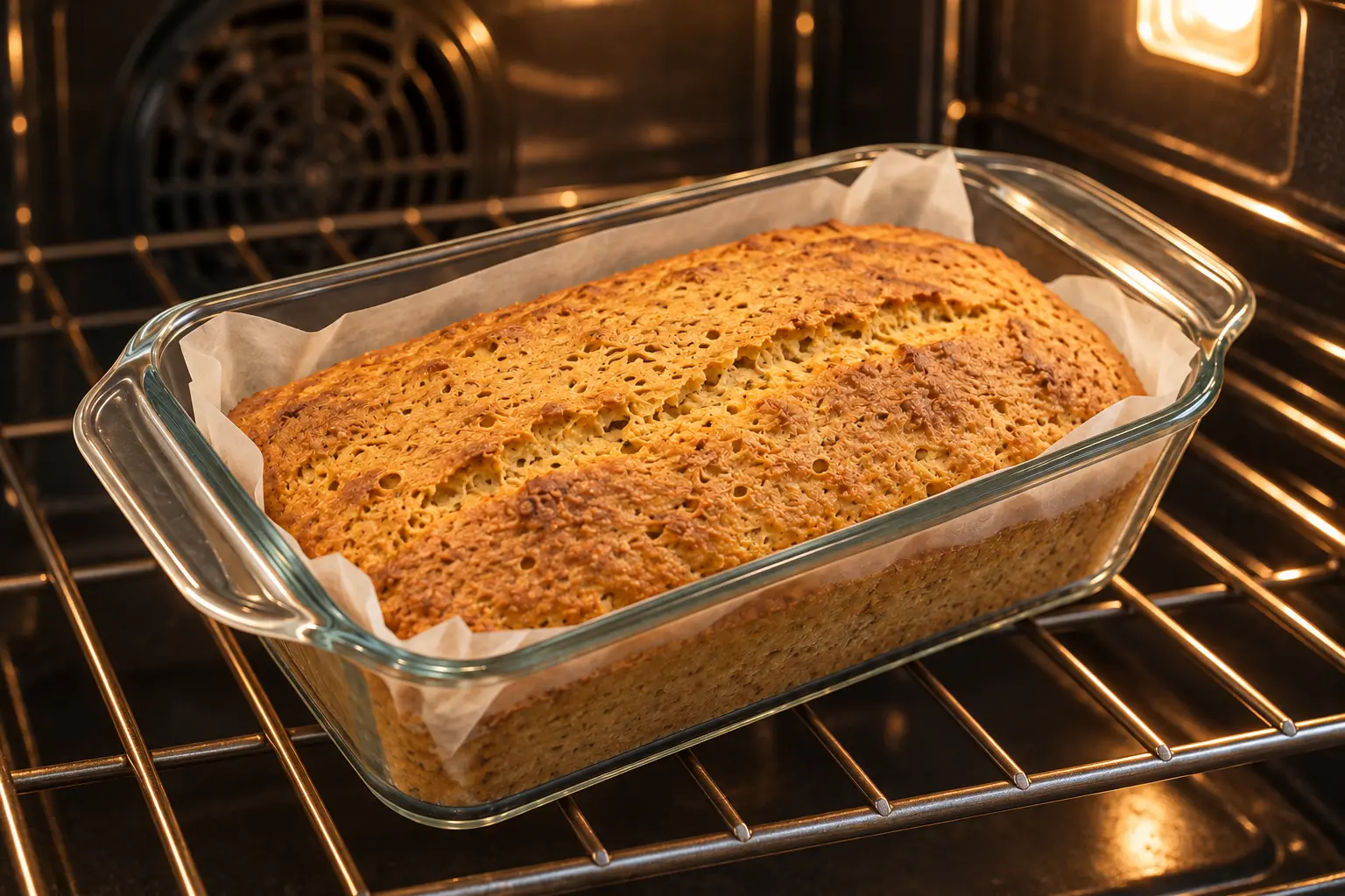 Golden red lentil loaf baking on the middle oven rack in a glass pan