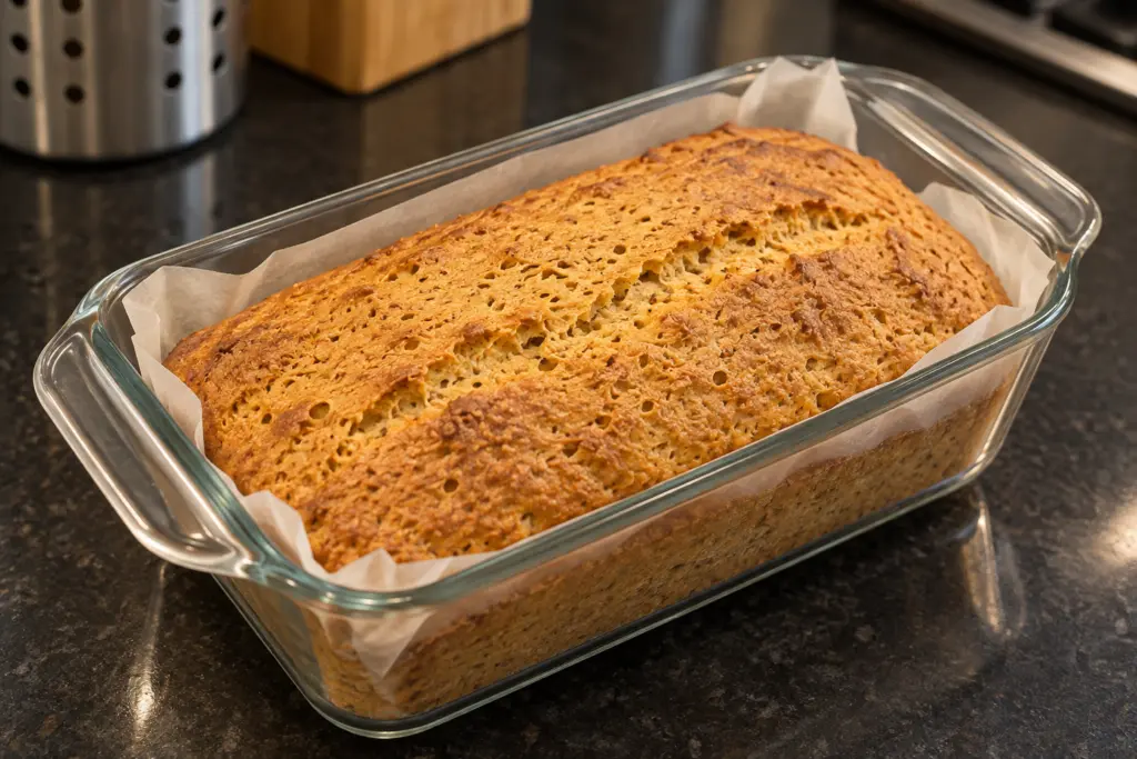 Golden red lentil loaf in a parchment-lined glass pan on a dark kitchen counter