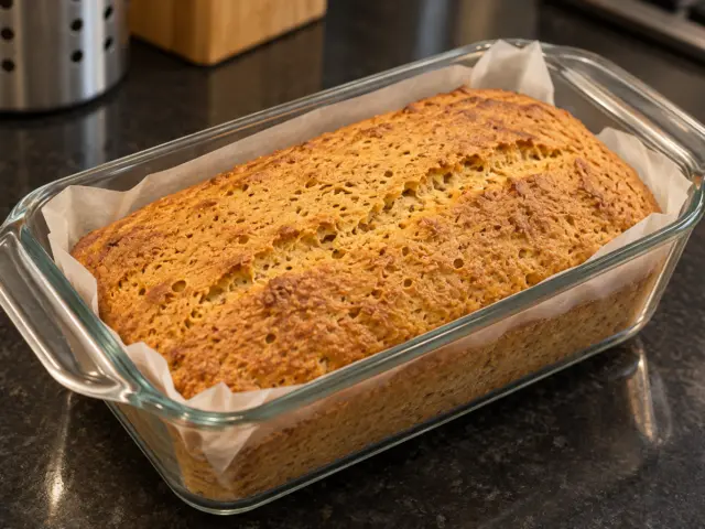 Golden red lentil loaf in a parchment-lined glass pan on a dark kitchen counter