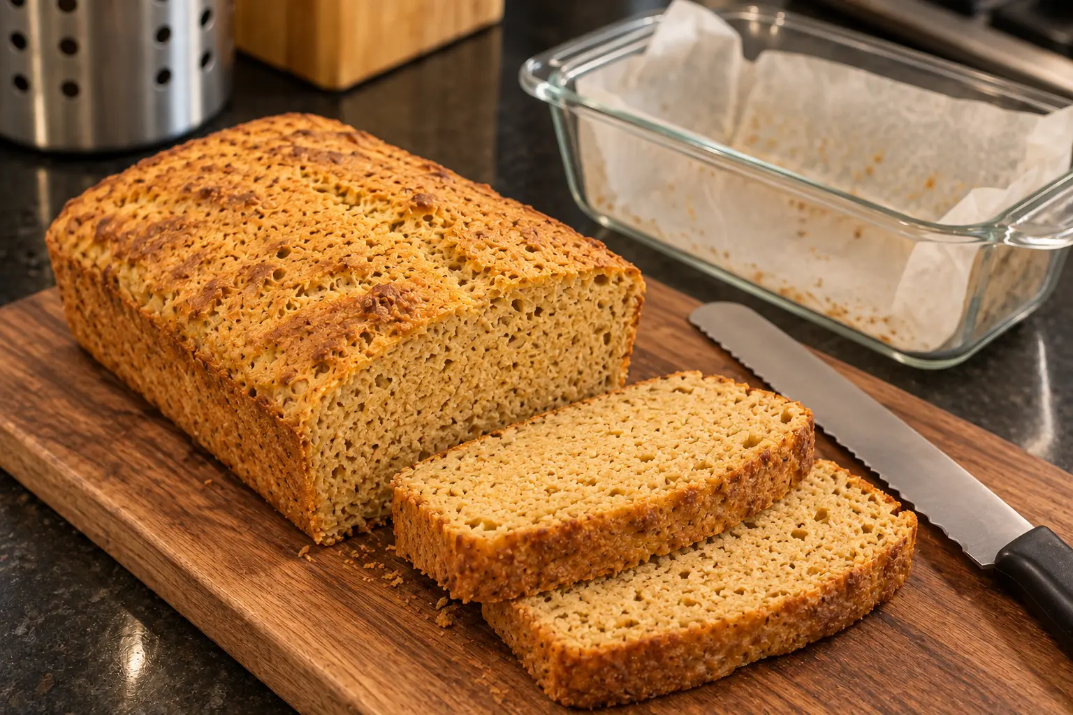 Cooled red lentil loaf with two thick slices showing a compact crumb