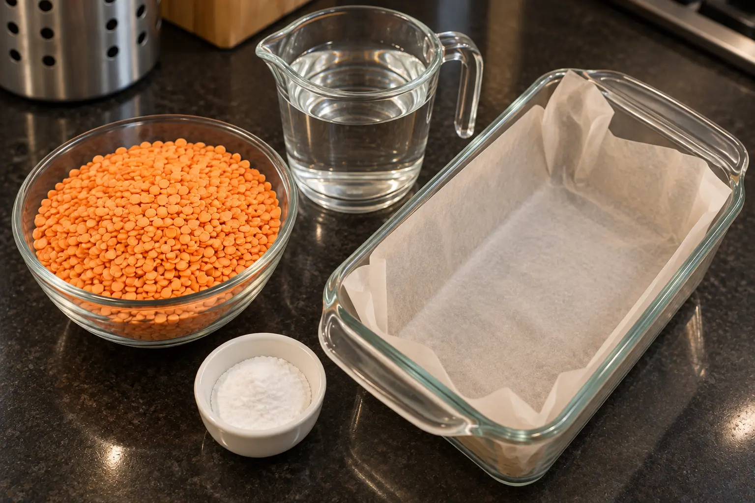 Dried split red lentils, fresh water, and baking powder beside a lined glass loaf pan