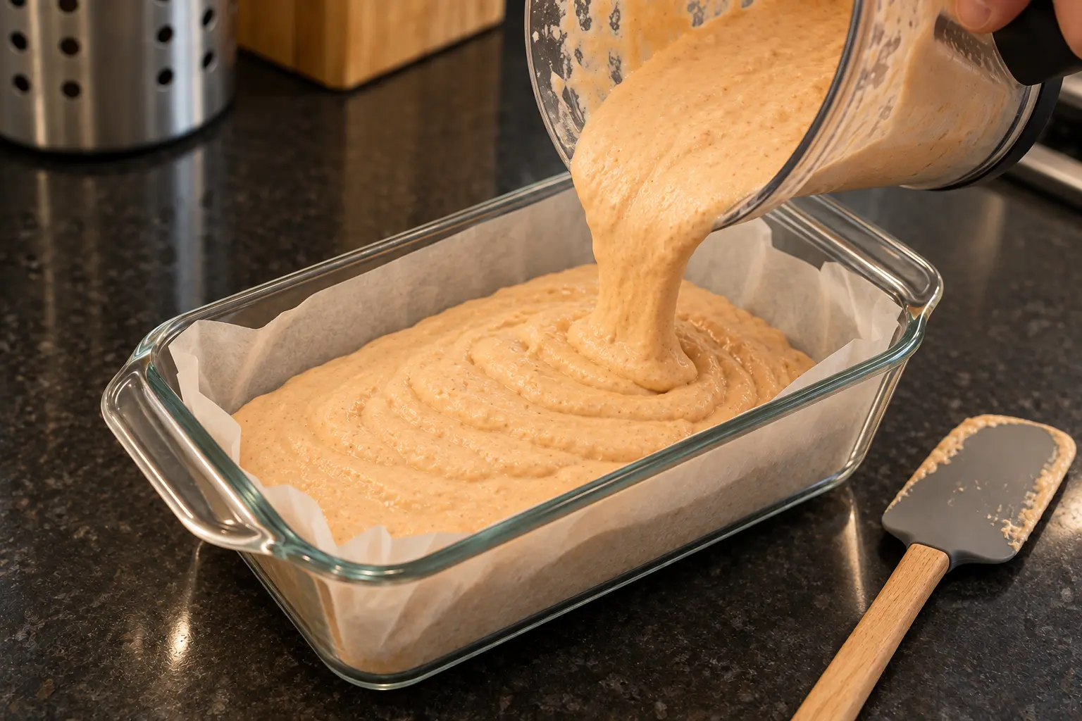 Smooth red lentil batter pouring from a blender into a parchment-lined loaf pan