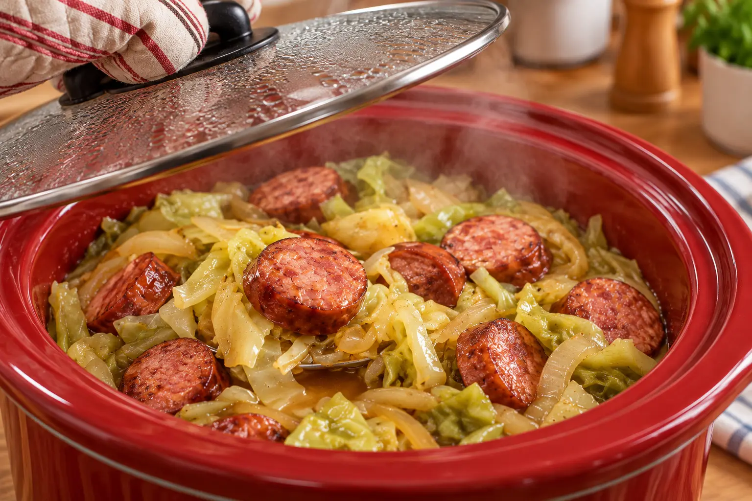 Glass lid lifted to reveal hot sausage and tender cabbage in a red slow cooker