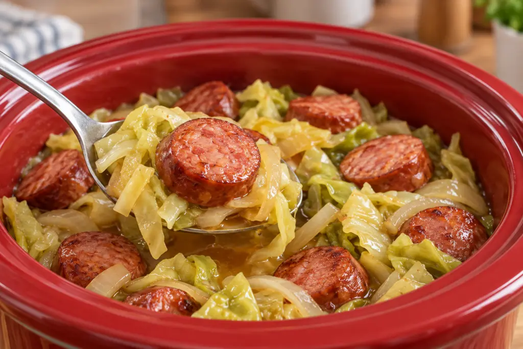 Serving spoon lifting smoked sausage and tender cabbage from a red slow cooker