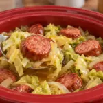 Serving spoon lifting smoked sausage and tender cabbage from a red slow cooker