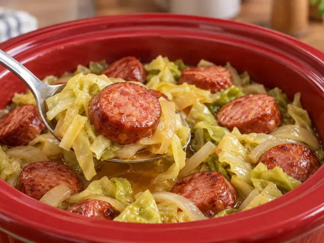 Serving spoon lifting smoked sausage and tender cabbage from a red slow cooker