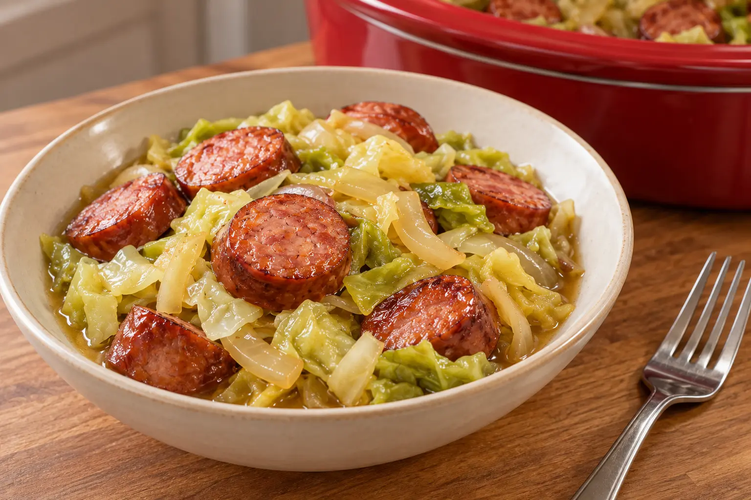 Bowl of smoked sausage coins with cooked cabbage onion and a little broth