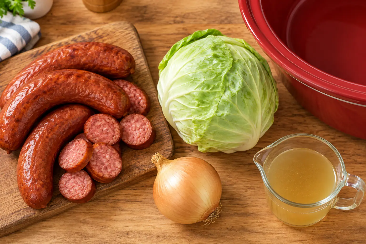 Smoked kielbasa, green cabbage, onion, and chicken broth on a wooden counter