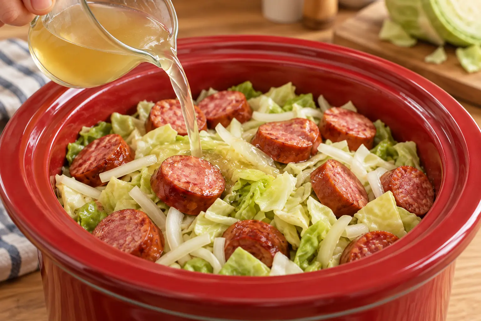 Chicken broth being poured over chopped cabbage onion and sausage in a red slow cooker