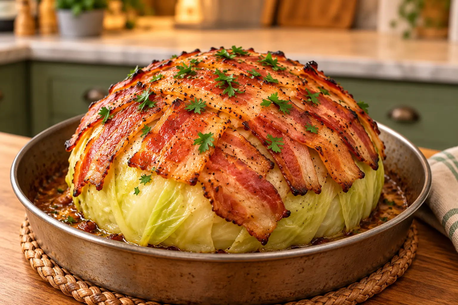 Round stuffed cabbage covered with browned bacon in a metal baking dish