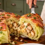 Wedge lifted from a bacon-wrapped cabbage dome showing chicken, potato, mozzarella, and tender cabbage layers
