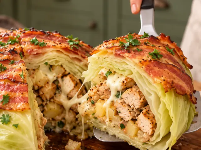 Wedge lifted from a bacon-wrapped cabbage dome showing chicken, potato, mozzarella, and tender cabbage layers