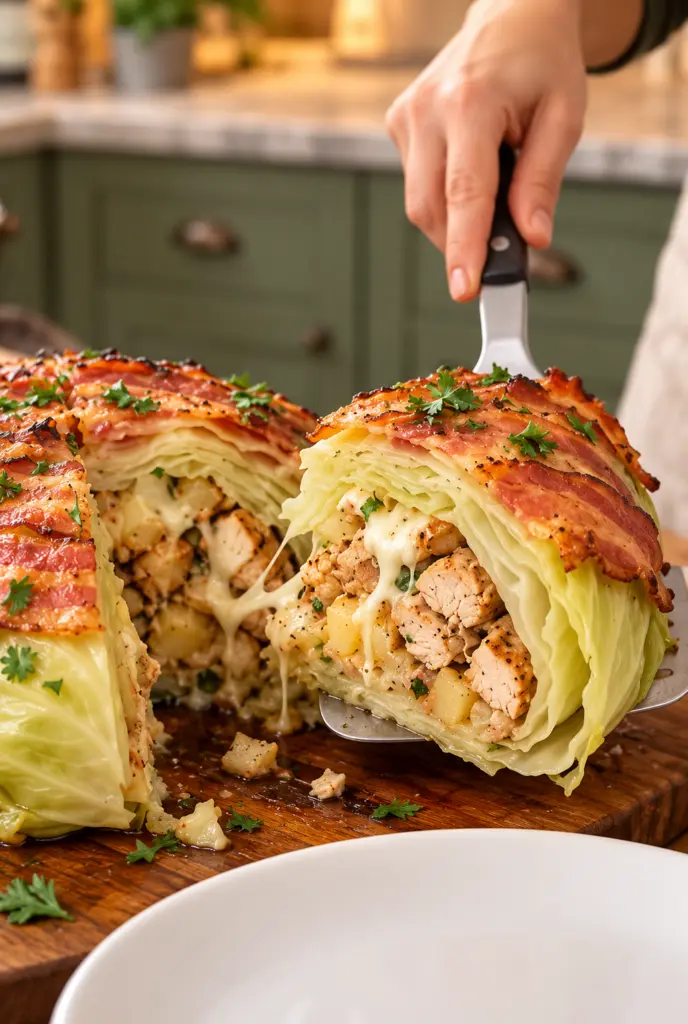 Wedge lifted from a bacon-wrapped cabbage dome showing chicken, potato, mozzarella, and tender cabbage layers